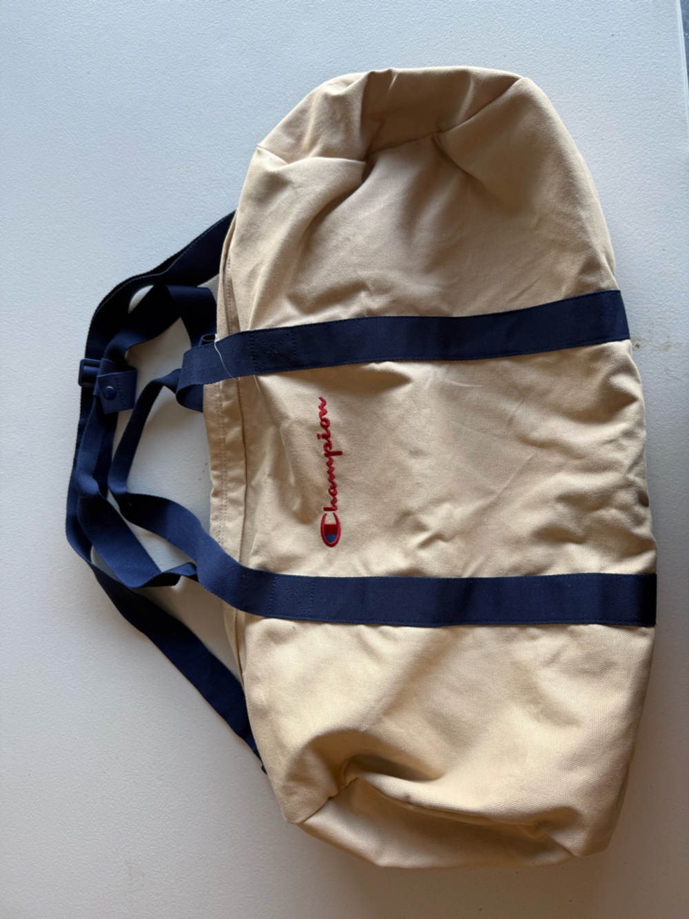 Champion Tan Canvas Duffel with Navy Straps and Red Logo
